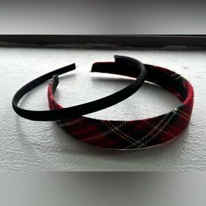 Women’s set of two headbands, one thin, black satin, and one wider tartan plaid